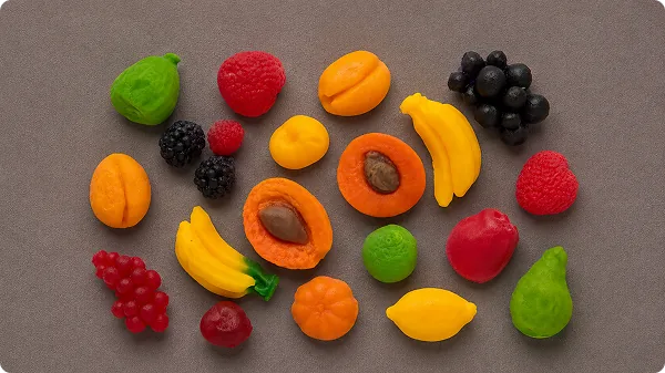 Chewy candy moulded as miniature fruit