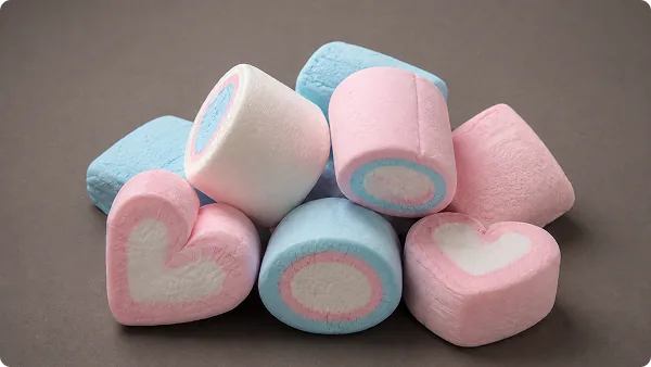 Pink and blue heart-shaped marshmallows