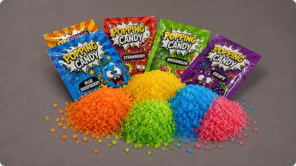 Popping candy sachets with poured crystals
